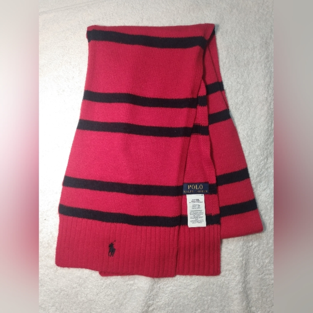 POLO RALPH LAUREN Red & Blue Stripe Embroidery Pony Wool Blend Knit Winter Scarf